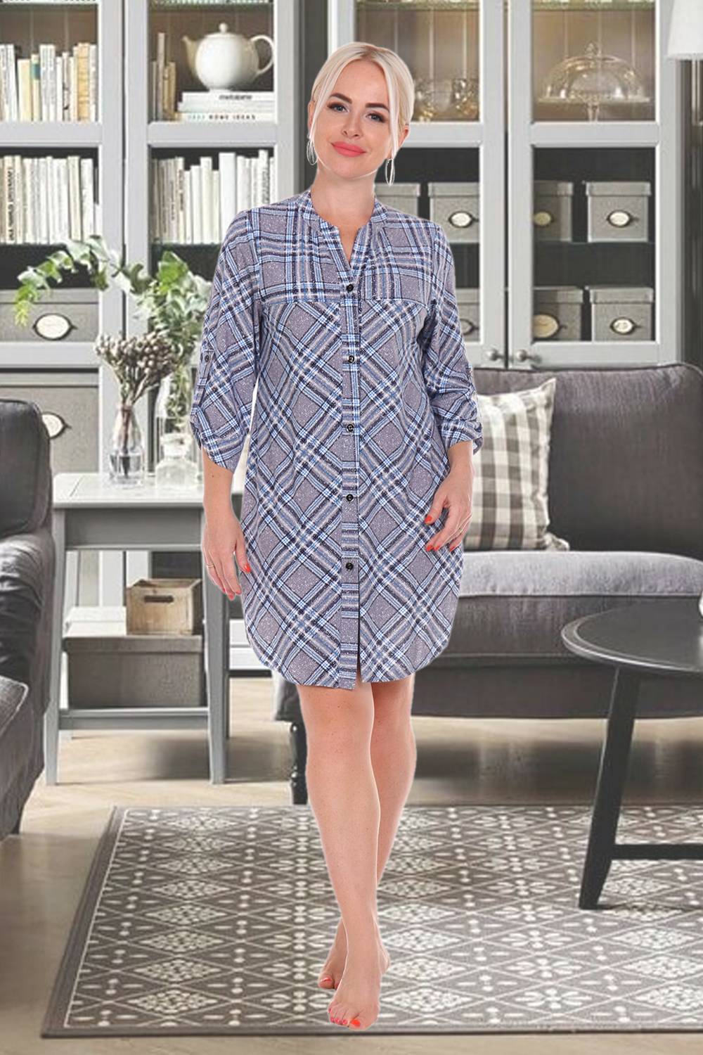 Фото товара 20880, голубая рубашка-туника в клетку